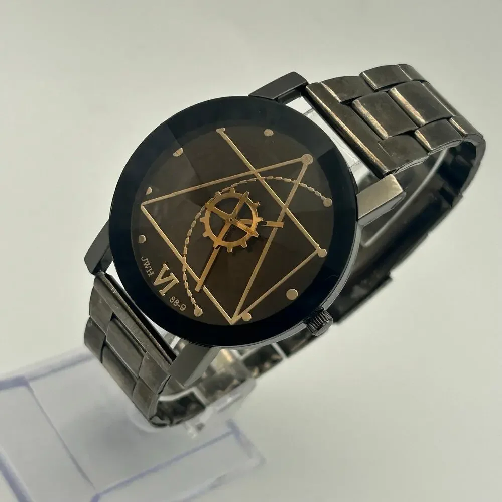 JWH Geometric Watch Black and Gold Tone Face Working New Battery